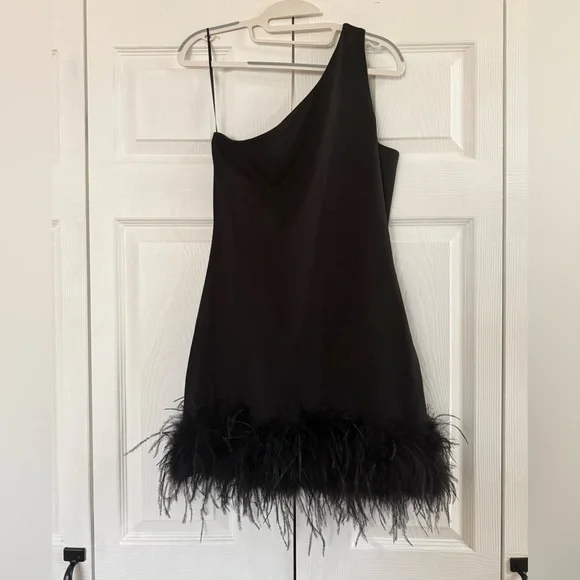 LAMARQUE Tafia One Shoulder Feather Trim Mini Dress Black NWT Size M - Picture 5 of 9
